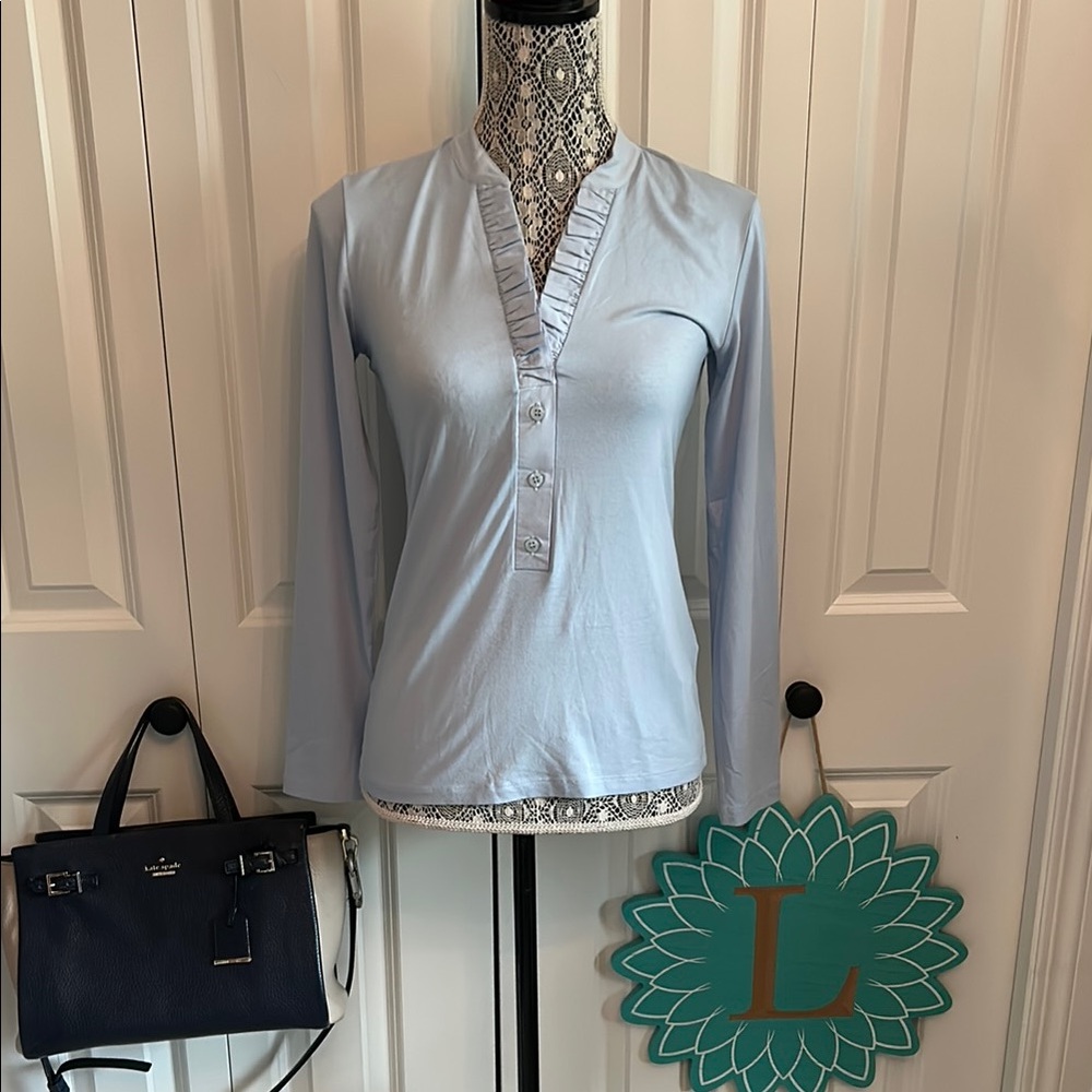 Light Blue Long Sleeve Henley like T-shirt w/ruffle detail